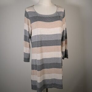 Soma Live Womens M Lounge Wear Striped Sleep Shirt Grey Tan Cream 3/4 Sleeve
